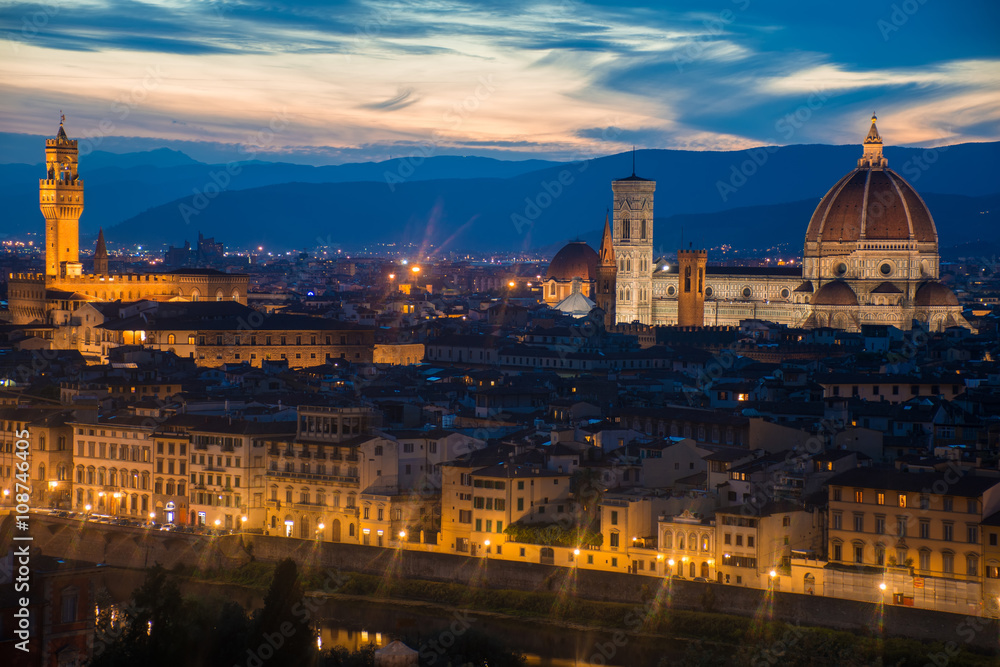 View of Cathedral Santa Maria De Fiore and Palazzo Vecchio in Florence, Italy