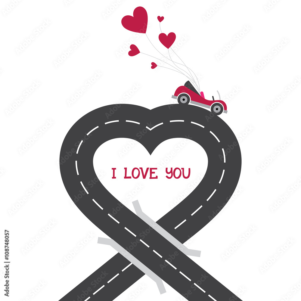 Urban asphalt road heart with cabriolet car. City road map. Romantic ...