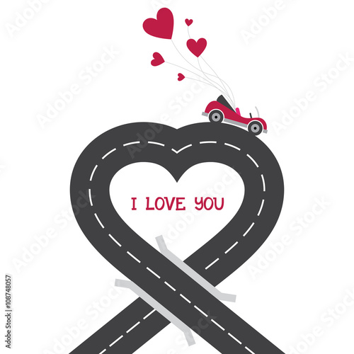 Urban asphalt road heart with cabriolet car. City road map. Romantic background with concept of travel, adventure and hazard for your design. Original greeting card Valentines Day