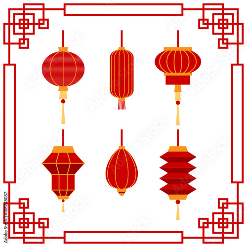 Set of Chinese Lanterns collection. Decorative frame. Chinese new year