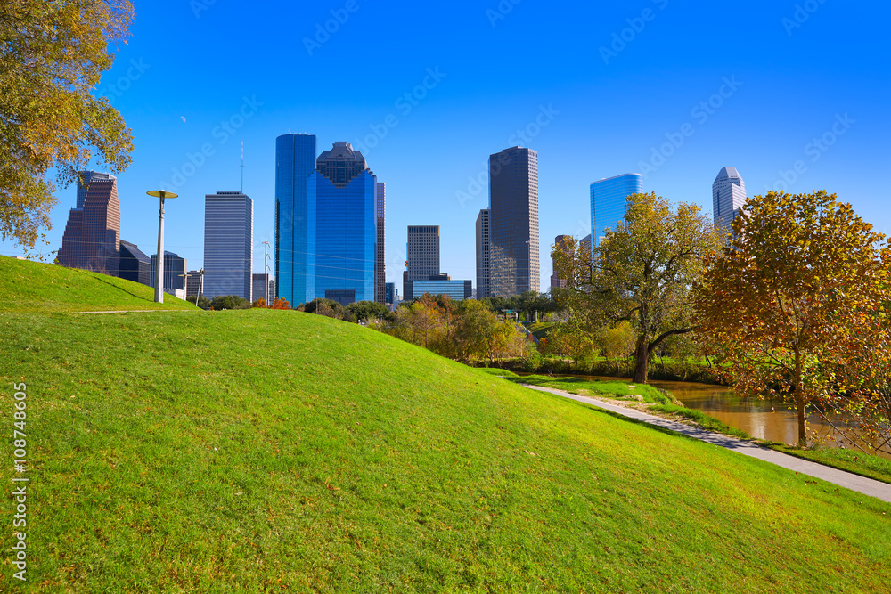 Houston skyline in sunny day from park grass