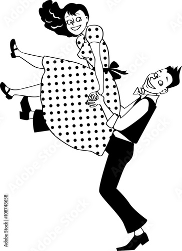 EPS 8 vector silhouette of a young couple dressed in vintage fashion performing a rock and roll lift, no white objects