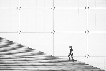 A woman walking up the stairs.