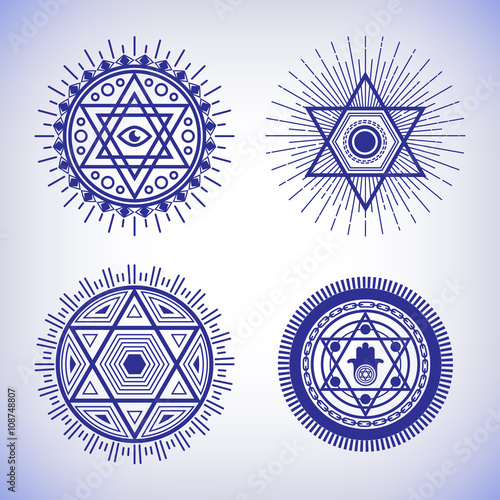 Israel sacred geometry sign. Line art. Abstract vector pattern. Mystic vector badge with Star of David. Hexagon linear spiritual logo. Design element for shirt