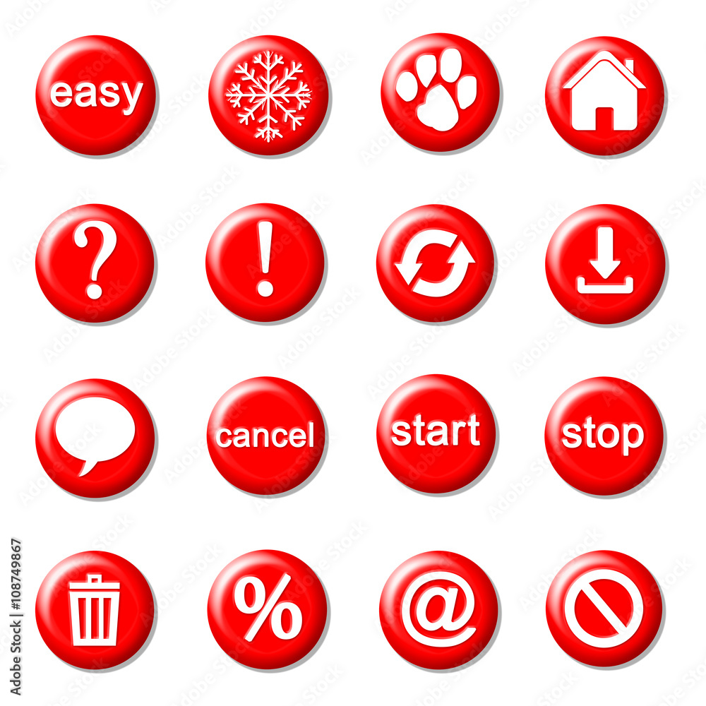 Set of red buttons with signs and inscriptions Set of red buttons with signs and inscriptions