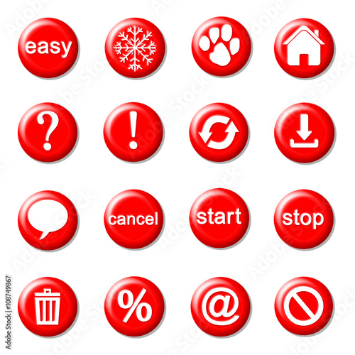 Set of red buttons with signs and inscriptions