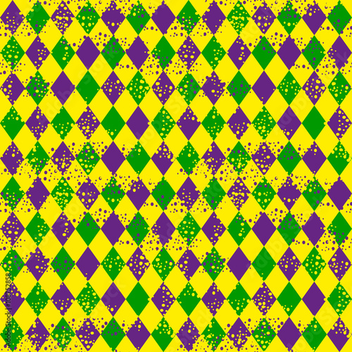 Green, purple, yellow grid Mardi Gras seamless vector pattern