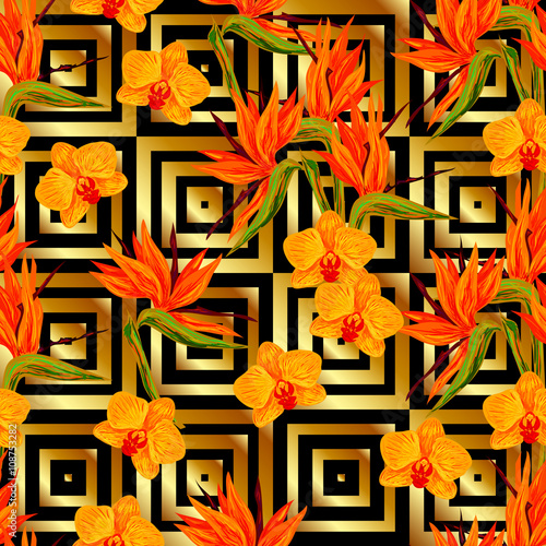 Fototapeta Naklejka Na Ścianę i Meble -  Seamless luxury gold pattern with tropical exotic orchid and bird of paradise flowers vector background. Perfect for wallpapers, pattern fills, web page backgrounds, surface textures, textile