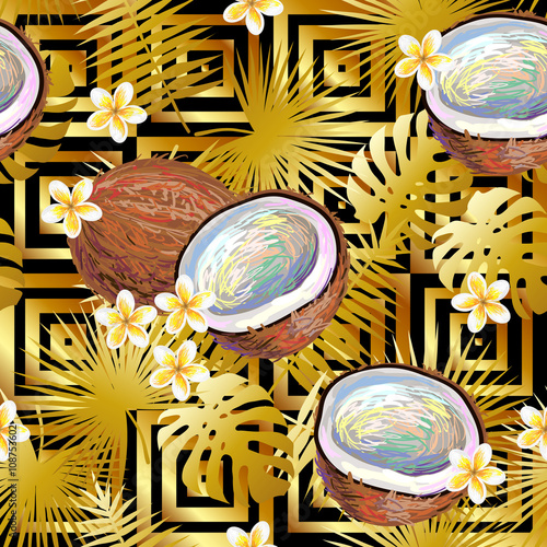 Seamless gold luxury pattern with coconut, palm leaves and tropical exotic plumeria rubra frangipani flower vector background for wallpaper, pattern fill, web page background, surface texture, textile