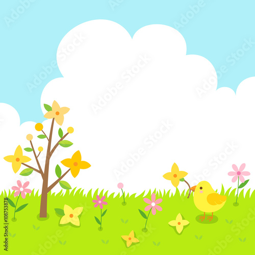 Forsythia flowers and cute chick.Spring background