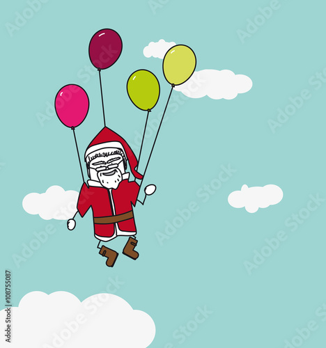 Père Noël qui vole dans le ciel soulevé par des ballons