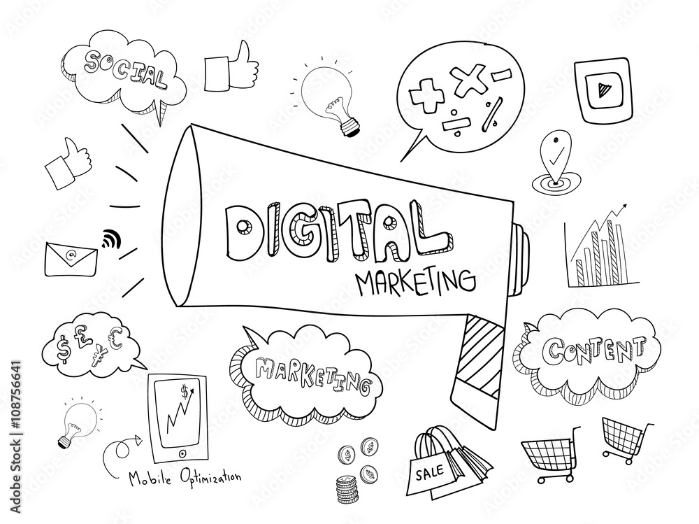 Fototapeta premium Digital Marketing Concept idea. Hand drawn vector illustration icons set
