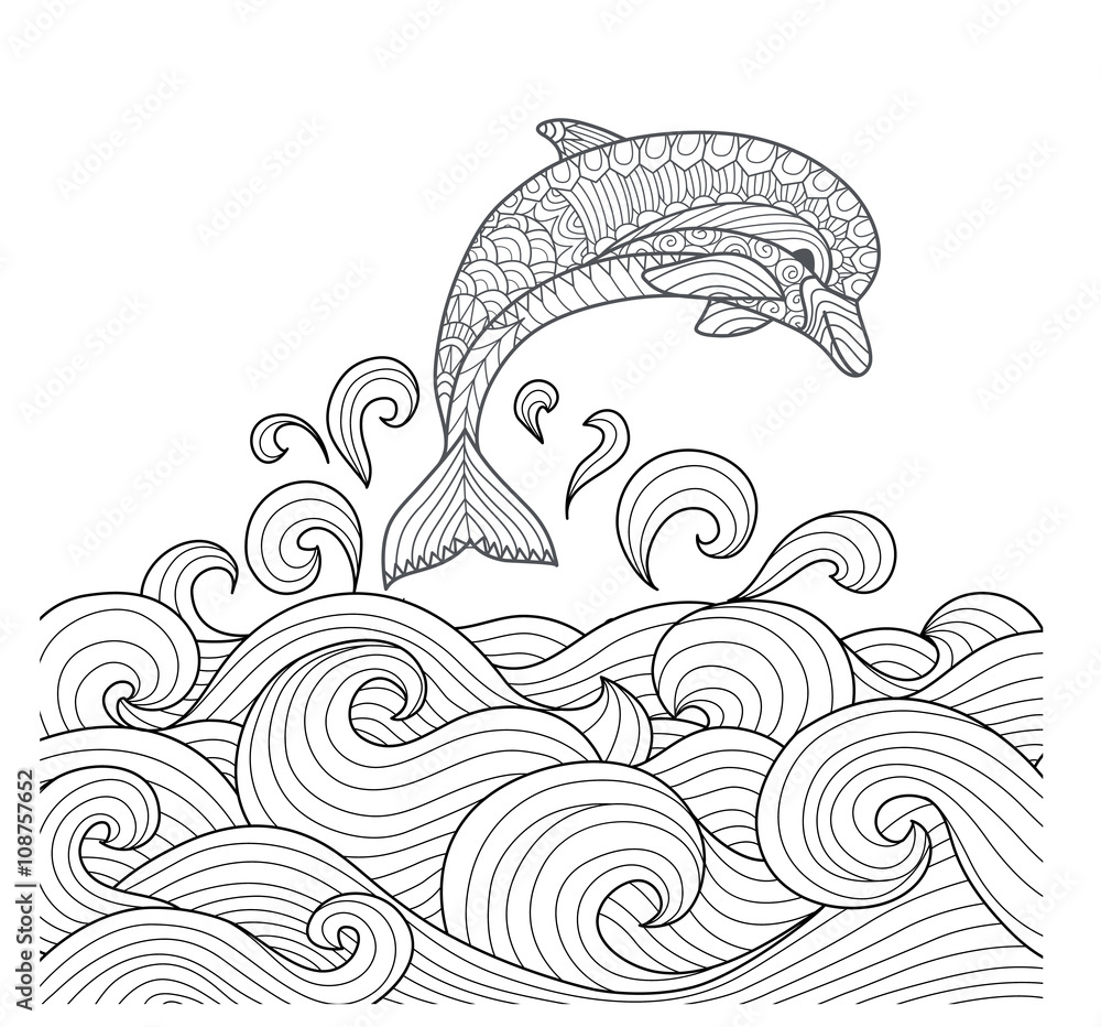 Naklejka premium Ręcznie rysowane zentangle delfinów z przewijaniem fal morskich do kolorowania książki dla dorosłych