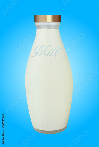 Glass bottle with fresh milk on blue background