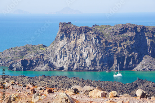 View of Palea Kameni island from volcano in Nea Kameni near Sant