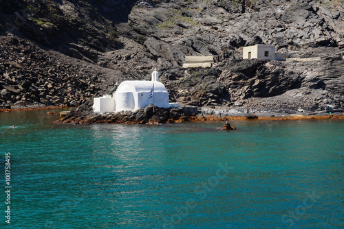 Small church at the hot springs on Palea Kameni Volcanic Island,