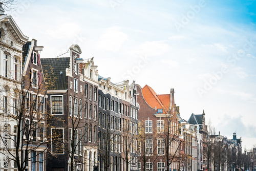 Beautiful street view of Traditional old buildings in Amsterdam,