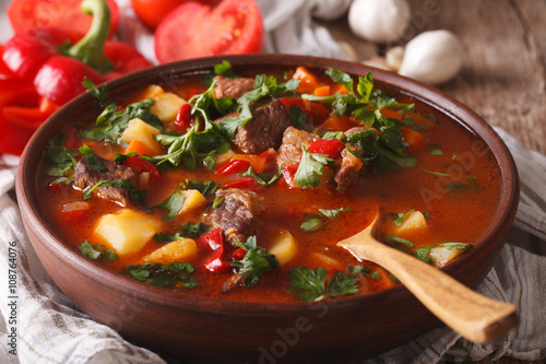 Hungarian goulash soup bograch close-up. horizontal
 photo