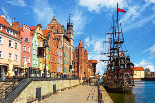 View of the riverside on Old Town by the Motlawa river in Gdansk, Poland.
