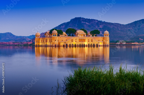 Water Palace Jal Mahal at night. Man Sager Lake, Jaipur, Rajasth