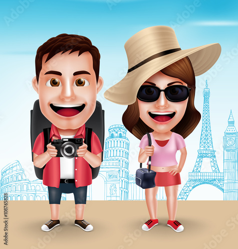 Tourist Traveler Couple Vector Characters Wearing Casual with Traveling Bags for Travel in Famous Landmarks. Vector Characters Set
