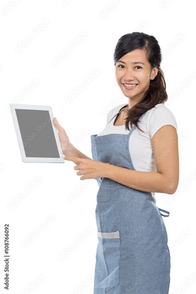 Waitress showing blank tablet pc screen Waitress showing blank tablet pc screen