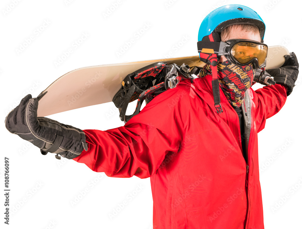 Man in red jacket standing with snowboard