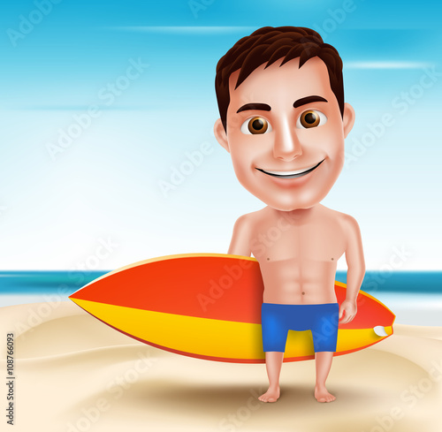 Smiling Handsome Surfer Man Vector Character Holding Surfboard for Outdoor Surfing with Beach Background. Vector Illustration
