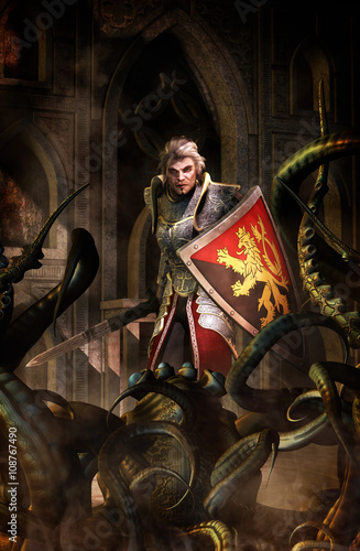 fantasy knight paladin and dungeon monster