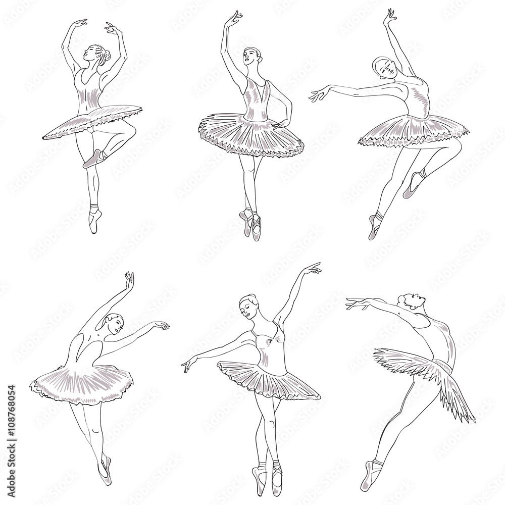 Set of hand drawn sketches young ballerinas standing in a pose. Ballerinas  on white collection. Stock Vector | Adobe Stock