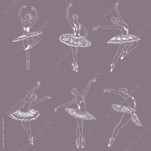 Set of hand drawn sketches young ballerinas standing in a pose. Ballerinas on purple collection.

