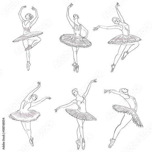 Fototapeta Set of hand drawn sketches young ballerinas standing in a pose