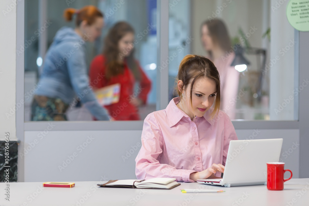 Cute female Businessperson hardworking on white Computer Cute female Businessperson hardworking on white Computer