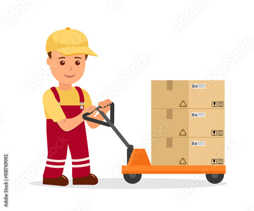 Warehouse worker man towing hand forklift with boxes. Concept work in the service delivery and logistics in a flat style.