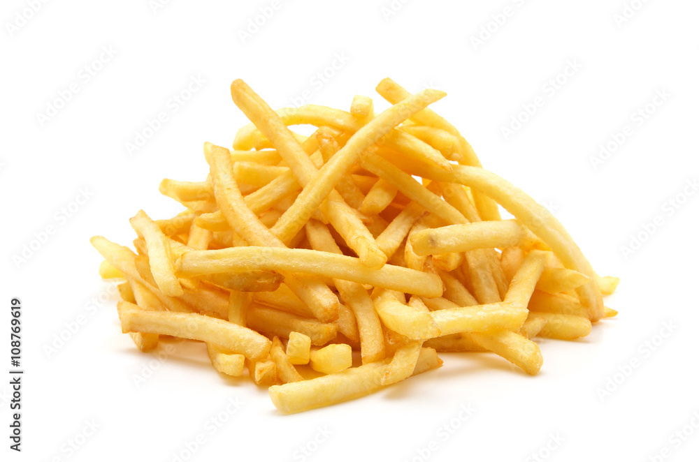 a pile of appetizing french fries on a white background a pile of appetizing french fries on a white background