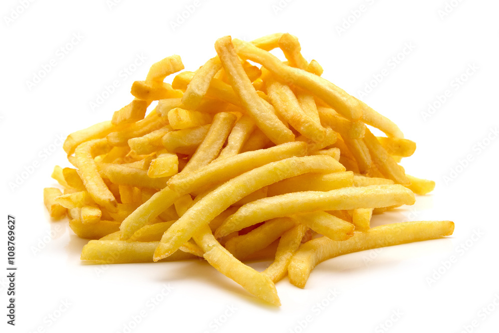 a pile of appetizing french fries on a white background a pile of appetizing french fries on a white background