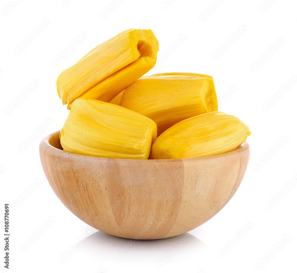 Ripe Jackfruit in the wood bowl isolated on white background