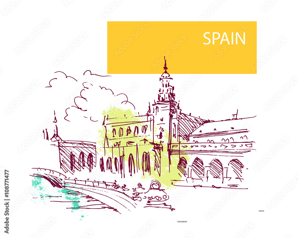 Obraz premium Hand drawn sightseeings vector sketches. Resort, traveling hand drawn illustration. Touristic agency, business company advertising, card, leaflet, poster.