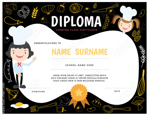 Preschool Elementary school Kids Diploma certificate  template. Full vector design with cute cartoon template. cooking class diploma.