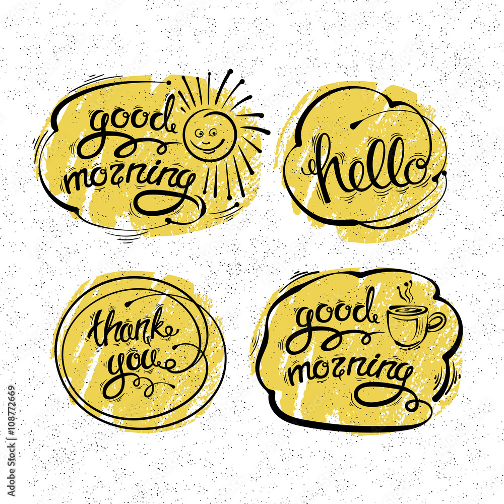 Vector set of hand drawn letters, texts, phrases. Thank you, Hello ...