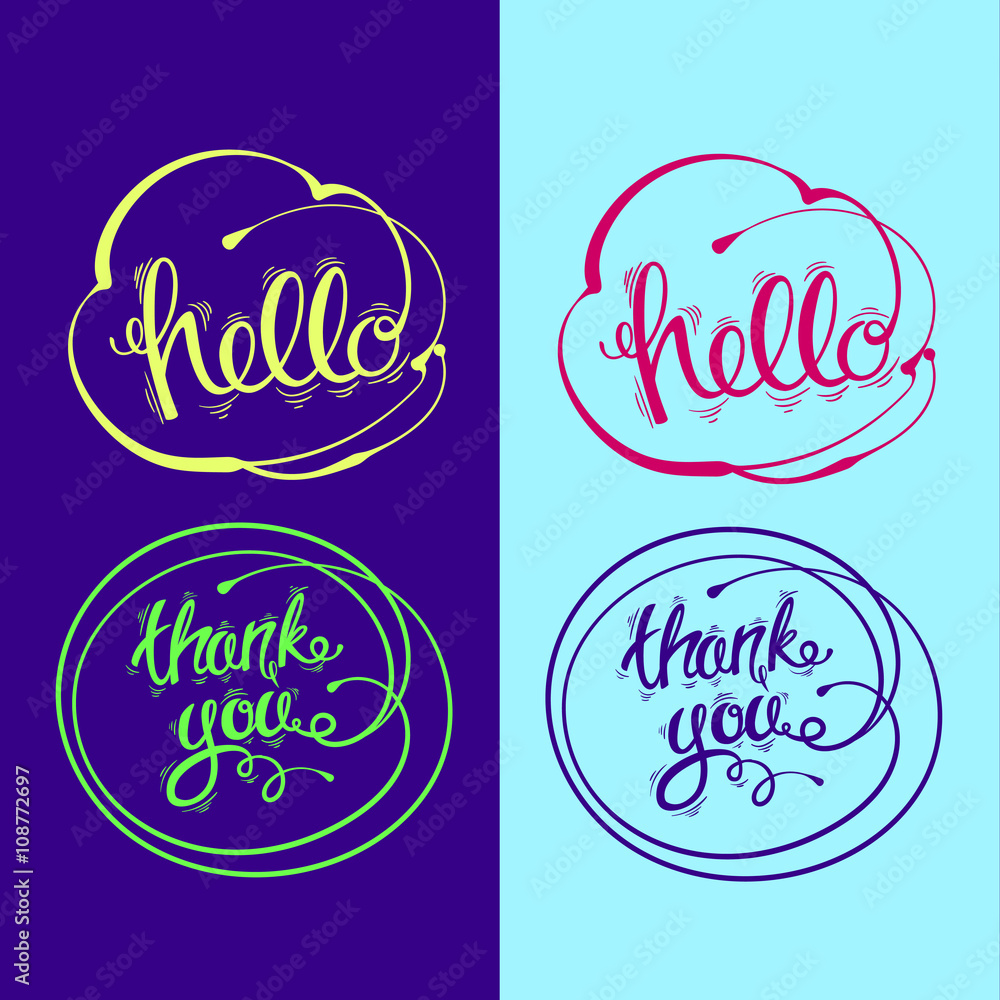Hand drawn vector lettering. Hello, thank you Hand drawn vector lettering. Hello, thank you