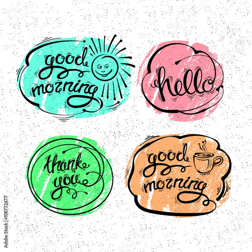 Vector set of hand drawn letters, texts, phrases. Thank you, Hello, good morning