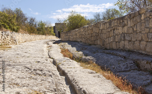 The road leading to the Eastern gate,in the medieval town-fortress Chufut-Kale.Crimea.