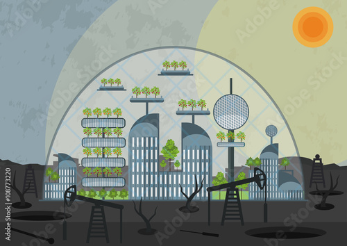 Concept of the future city - oasis in the post apocalyptic industrial desert