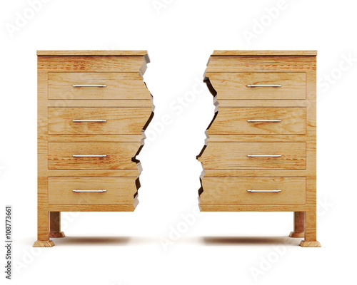 Two halves of dresser isolated on white background. Wooden chest. Conceptual image. Front view. 3d rendering
