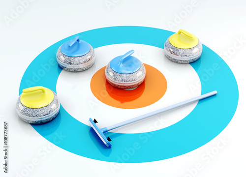 Curling stones and brush on the ice. 3d render image. photo