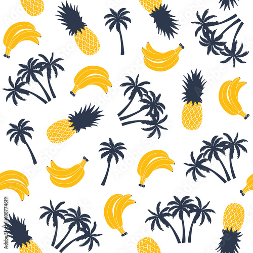 Palm tree with banana and pineapple, seamless pattern. Vector illustration