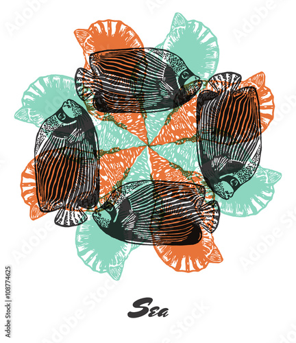 Vector Sea mood Engraved fractal outlet composition.
