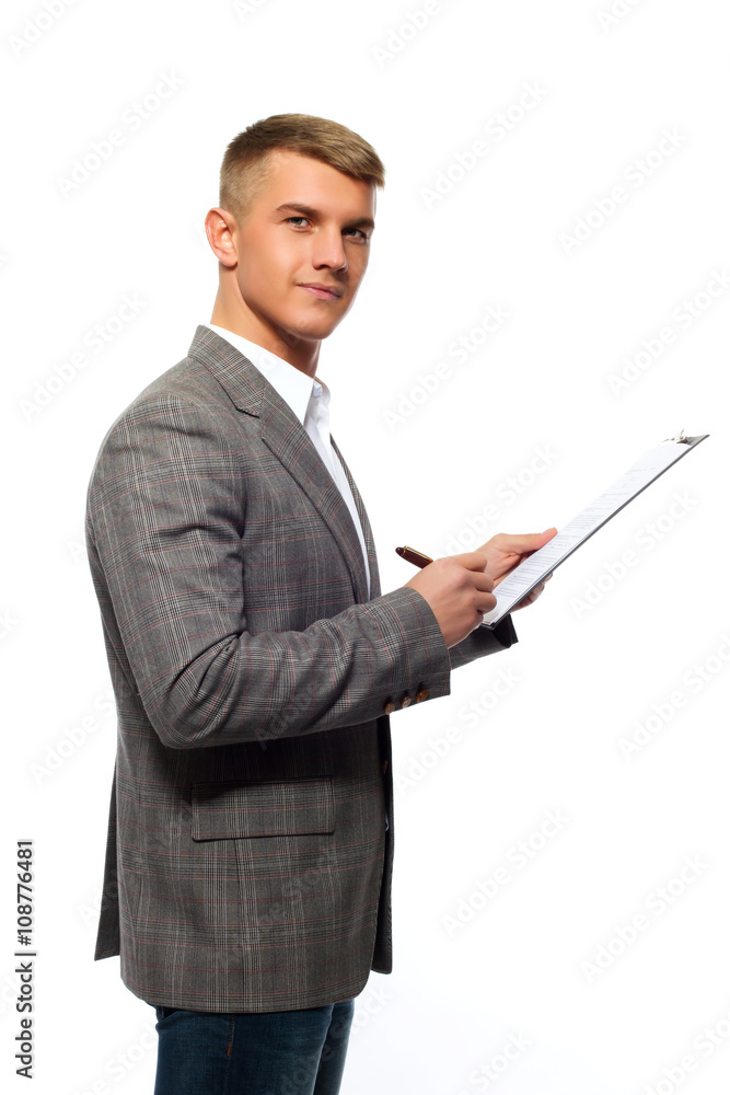 businesswoman with pen and notepad isolated on white businesswoman with pen and notepad isolated on white