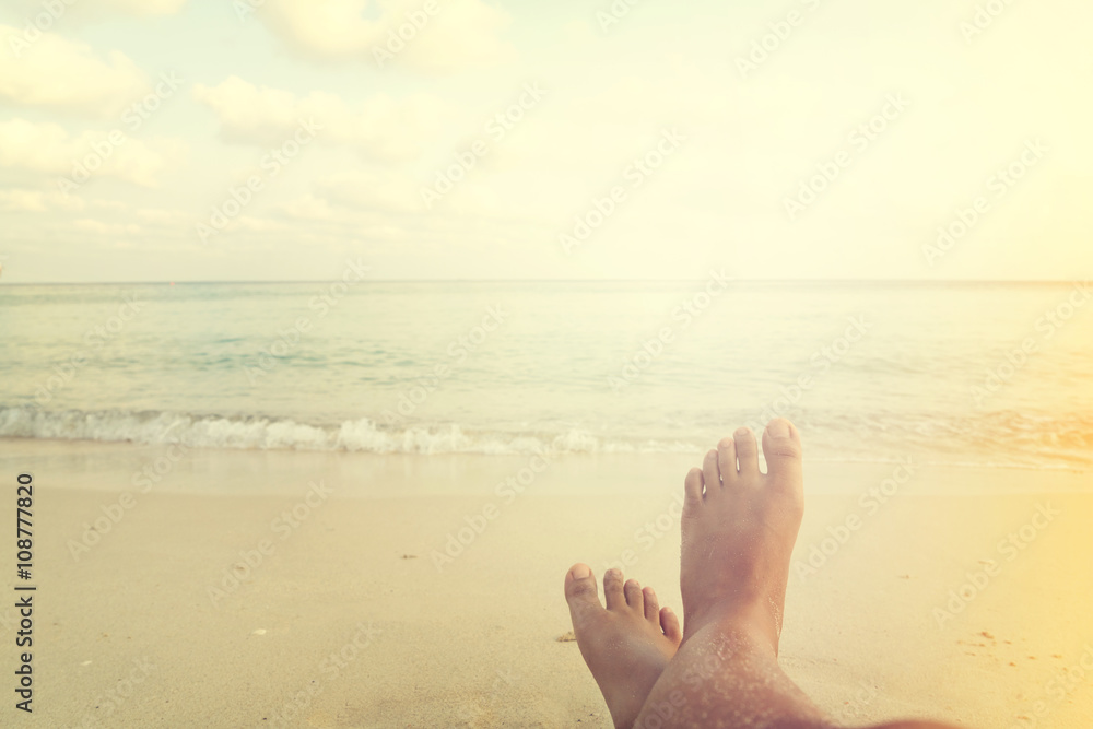 Leisure in summer - Beautiful women tan relax on beach. vintage filter effect